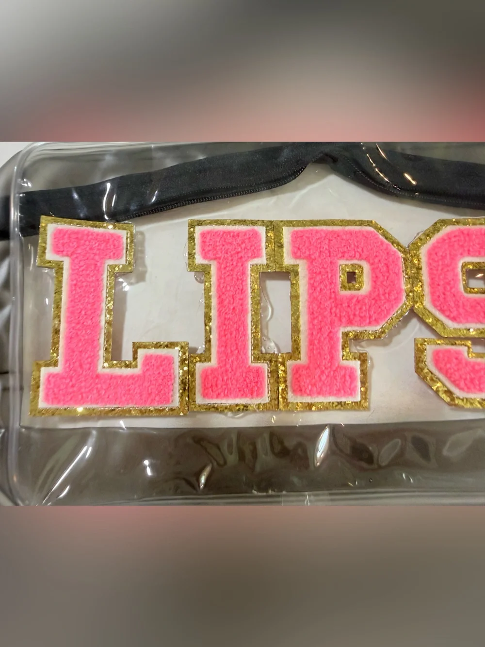 Pink Chenille Letter Patch Trim with Gold Glitter Outline